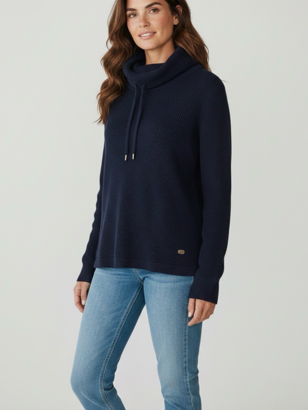 Lauren Ralph Lauren Navy Blue Waffle-Knit Cowl Neck